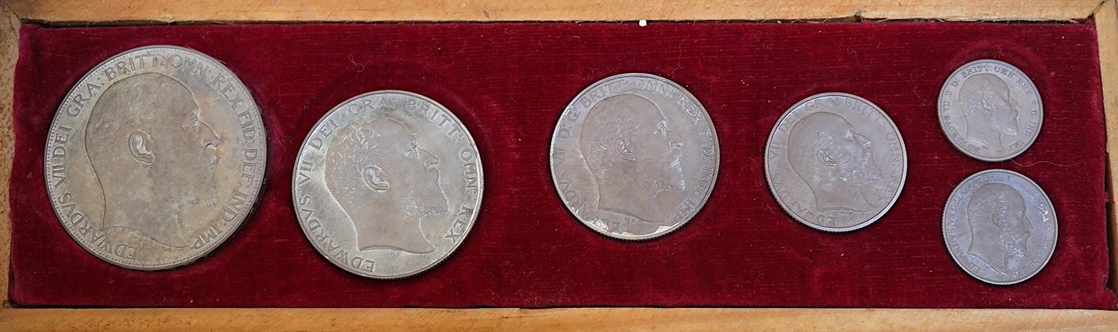 British silver proof coins, 1902 Edward VII matt proof six coin set ranging from crown to sixpence and a maundy fourpence, dark toning, associated case